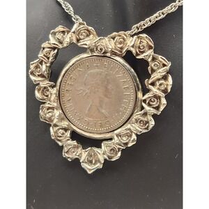 Vintage 1962 Sixpence Coin Heart Rose Necklace Silver Tone Queen Elizabeth